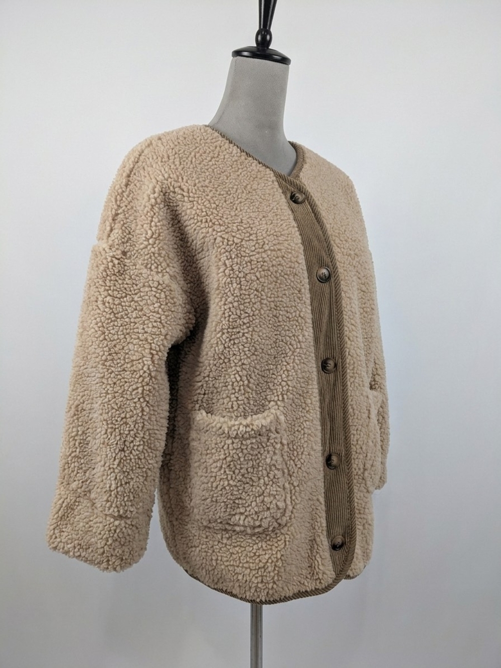 Plush Beige Teddy Button-Front Jacket